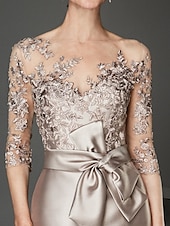 preiswerte Teelänge-Kleid für die Mutter der Braut Elegantes Plus-Size durchscheinendes Bootsausschnitt-Kleid knielang Satin Tüll Halbarm mit Perlen Rüschen Kleid zum Beeindrucken Race Day Kleid