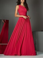 cheap Evening Dresses-A-Line Evening Gown Empire Dress Wedding Guest Formal Evening Sweep / Brush Train Sleeveless One Shoulder Bridesmaid Dress Chiffon with Pleats Ruched 2024