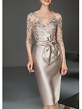 preiswerte Teelänge-Kleid für die Mutter der Braut Elegantes Plus-Size durchscheinendes Bootsausschnitt-Kleid knielang Satin Tüll Halbarm mit Perlen Rüschen Kleid zum Beeindrucken Race Day Kleid