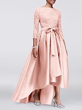 economico Lunghezza del pavimento-Abito A-Line per Madre della Sposa Ospite di Matrimonio Elegante Taglie Forti Alte Basse Scollo Gioiello Asimmetrico Satin Pizzo Maniche 3/4 con Sash  Nastro Applicazioni 2025 taglia personalizzata