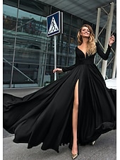 abordables NOIR-Robe de soirée A-Line robe empire noire invité de mariage longueur de sol manches longues col en V chiffon dos en V avec fente robe de masquerade couleur pure pour impressionner 2025