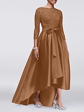 economico Lunghezza del pavimento-Abito A-Line per Madre della Sposa Ospite di Matrimonio Elegante Taglie Forti Alte Basse Scollo Gioiello Asimmetrico Satin Pizzo Maniche 3/4 con Sash  Nastro Applicazioni 2025 taglia personalizzata