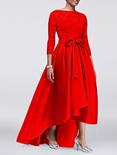 economico Lunghezza del pavimento-Abito A-Line per Madre della Sposa Ospite di Matrimonio Elegante Taglie Forti Alte Basse Scollo Gioiello Asimmetrico Satin Pizzo Maniche 3/4 con Sash  Nastro Applicazioni 2025 taglia personalizzata