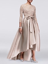 economico Lunghezza del pavimento-Abito A-Line per Madre della Sposa Ospite di Matrimonio Elegante Taglie Forti Alte Basse Scollo Gioiello Asimmetrico Satin Pizzo Maniche 3/4 con Sash  Nastro Applicazioni 2025 taglia personalizzata