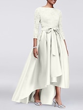 economico Lunghezza del pavimento-Abito A-Line per Madre della Sposa Ospite di Matrimonio Elegante Taglie Forti Alte Basse Scollo Gioiello Asimmetrico Satin Pizzo Maniche 3/4 con Sash  Nastro Applicazioni 2025 taglia personalizzata