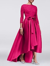 economico Lunghezza del pavimento-Abito A-Line per Madre della Sposa Ospite di Matrimonio Elegante Taglie Forti Alte Basse Scollo Gioiello Asimmetrico Satin Pizzo Maniche 3/4 con Sash  Nastro Applicazioni 2025 taglia personalizzata