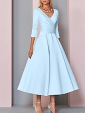 voordelige Vloerlengte-Strand Bruiloft A-Lijn Gouden Jurken Moeder van de Bruid Jurk Bruiloft Gast Elegante Vintage Plus Size V Hals Thee Lengte Satin 3/4 Lengte Mouw met Plissé dress to impress 2025 gratis op maat gemaakt