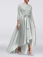 economico Lunghezza del pavimento-Abito A-Line per Madre della Sposa Ospite di Matrimonio Elegante Taglie Forti Alte Basse Scollo Gioiello Asimmetrico Satin Pizzo Maniche 3/4 con Sash  Nastro Applicazioni 2025 taglia personalizzata