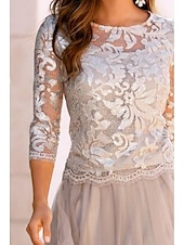 preiswerte Teelänge-Strandhochzeit A-Linie Kleid für die Mutter der Braut Hochzeitsgast Elegant Durchsichtig Juwelkragen Knielang Chiffon Spitze Tüll 3/4-Länge Ärmel mit Falten Applikationen kostenlose Maßanfertigung