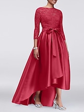 economico Lunghezza del pavimento-Abito A-Line per Madre della Sposa Ospite di Matrimonio Elegante Taglie Forti Alte Basse Scollo Gioiello Asimmetrico Satin Pizzo Maniche 3/4 con Sash  Nastro Applicazioni 2025 taglia personalizzata