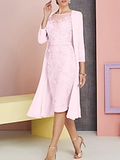 cheap With Jacket-Beach Wedding Two Piece Sheath Mother of the Bride Dress Wedding Guest Church Elegant Vintage Plus Size Bateau Neck Knee Length Chiffon Lace 3/4 Length Sleeve Jacket Dresses with Appliques 2025