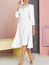 cheap With Jacket-Beach Wedding Two Piece Sheath Mother of the Bride Dress Wedding Guest Church Elegant Vintage Plus Size Bateau Neck Knee Length Chiffon Lace 3/4 Length Sleeve Jacket Dresses with Appliques 2025
