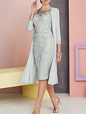 cheap With Jacket-Beach Wedding Two Piece Sheath Mother of the Bride Dress Wedding Guest Church Elegant Vintage Plus Size Bateau Neck Knee Length Chiffon Lace 3/4 Length Sleeve Jacket Dresses with Appliques 2025