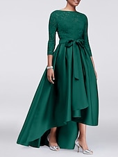 economico Lunghezza del pavimento-Abito A-Line per Madre della Sposa Ospite di Matrimonio Elegante Taglie Forti Alte Basse Scollo Gioiello Asimmetrico Satin Pizzo Maniche 3/4 con Sash  Nastro Applicazioni 2025 taglia personalizzata