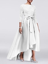 economico Lunghezza del pavimento-Abito A-Line per Madre della Sposa Ospite di Matrimonio Elegante Taglie Forti Alte Basse Scollo Gioiello Asimmetrico Satin Pizzo Maniche 3/4 con Sash  Nastro Applicazioni 2025 taglia personalizzata