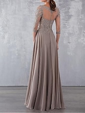 abordables Longueur du plancher-Robe A-Line de mère de la mariée pour un mariage à la plage Robe de invitée de mariage élégante transparente Col bijou Longue en chiffon dentelle manches 3/4 avec appliques drapées 2025 taille