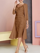 cheap With Jacket-Beach Wedding Two Piece Sheath Mother of the Bride Dress Wedding Guest Church Elegant Vintage Plus Size Bateau Neck Knee Length Chiffon Lace 3/4 Length Sleeve Jacket Dresses with Appliques 2025