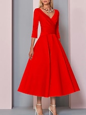 voordelige Vloerlengte-Strand Bruiloft A-Lijn Gouden Jurken Moeder van de Bruid Jurk Bruiloft Gast Elegante Vintage Plus Size V Hals Thee Lengte Satin 3/4 Lengte Mouw met Plissé dress to impress 2025 gratis op maat gemaakt