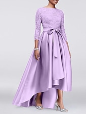 economico Lunghezza del pavimento-Abito A-Line per Madre della Sposa Ospite di Matrimonio Elegante Taglie Forti Alte Basse Scollo Gioiello Asimmetrico Satin Pizzo Maniche 3/4 con Sash  Nastro Applicazioni 2025 taglia personalizzata