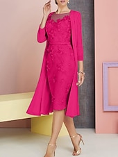 cheap With Jacket-Beach Wedding Two Piece Sheath Mother of the Bride Dress Wedding Guest Church Elegant Vintage Plus Size Bateau Neck Knee Length Chiffon Lace 3/4 Length Sleeve Jacket Dresses with Appliques 2025