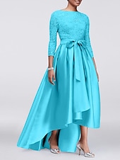 economico Lunghezza del pavimento-Abito A-Line per Madre della Sposa Ospite di Matrimonio Elegante Taglie Forti Alte Basse Scollo Gioiello Asimmetrico Satin Pizzo Maniche 3/4 con Sash  Nastro Applicazioni 2025 taglia personalizzata