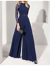 preiswerte Overalls für Mütter-Jumpsuits Abendausgehkleid Elegante Hochzeitsgast Formelles Abendkleid Bodennah Lange Ärmel Edelstein-Ausschnitt Chiffon mit Schärpe  Band Perlen kostenlose maßgeschneiderte Größe