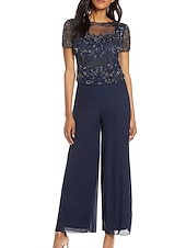 levne Máminy kombinézy-Overal  kalhotový kostým matky nevěsty formální svatební host elegantní plus size průhledný lodičkový výstřih podlahové délky chiffon tyl krátký rukáv s krajkovými aplikacemi zdarma vlastní velikost