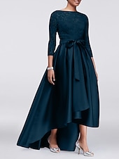 economico Lunghezza del pavimento-Abito A-Line per Madre della Sposa Ospite di Matrimonio Elegante Taglie Forti Alte Basse Scollo Gioiello Asimmetrico Satin Pizzo Maniche 3/4 con Sash  Nastro Applicazioni 2025 taglia personalizzata