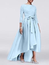 economico Lunghezza del pavimento-Abito A-Line per Madre della Sposa Ospite di Matrimonio Elegante Taglie Forti Alte Basse Scollo Gioiello Asimmetrico Satin Pizzo Maniche 3/4 con Sash  Nastro Applicazioni 2025 taglia personalizzata