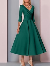 voordelige Vloerlengte-Strand Bruiloft A-Lijn Gouden Jurken Moeder van de Bruid Jurk Bruiloft Gast Elegante Vintage Plus Size V Hals Thee Lengte Satin 3/4 Lengte Mouw met Plissé dress to impress 2025 gratis op maat gemaakt