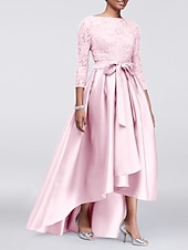 economico Lunghezza del pavimento-Abito A-Line per Madre della Sposa Ospite di Matrimonio Elegante Taglie Forti Alte Basse Scollo Gioiello Asimmetrico Satin Pizzo Maniche 3/4 con Sash  Nastro Applicazioni 2025 taglia personalizzata