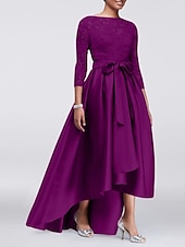 economico Lunghezza del pavimento-Abito A-Line per Madre della Sposa Ospite di Matrimonio Elegante Taglie Forti Alte Basse Scollo Gioiello Asimmetrico Satin Pizzo Maniche 3/4 con Sash  Nastro Applicazioni 2025 taglia personalizzata