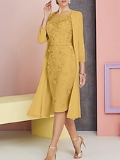 cheap With Jacket-Beach Wedding Two Piece Sheath Mother of the Bride Dress Wedding Guest Church Elegant Vintage Plus Size Bateau Neck Knee Length Chiffon Lace 3/4 Length Sleeve Jacket Dresses with Appliques 2025