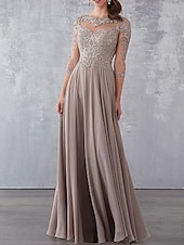 abordables Longueur du plancher-Robe A-Line de mère de la mariée pour un mariage à la plage Robe de invitée de mariage élégante transparente Col bijou Longue en chiffon dentelle manches 3/4 avec appliques drapées 2025 taille