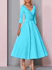 voordelige Vloerlengte-Strand Bruiloft A-Lijn Gouden Jurken Moeder van de Bruid Jurk Bruiloft Gast Elegante Vintage Plus Size V Hals Thee Lengte Satin 3/4 Lengte Mouw met Plissé dress to impress 2025 gratis op maat gemaakt