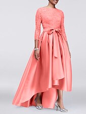 economico Lunghezza del pavimento-Abito A-Line per Madre della Sposa Ospite di Matrimonio Elegante Taglie Forti Alte Basse Scollo Gioiello Asimmetrico Satin Pizzo Maniche 3/4 con Sash  Nastro Applicazioni 2025 taglia personalizzata