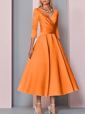 voordelige Vloerlengte-Strand Bruiloft A-Lijn Gouden Jurken Moeder van de Bruid Jurk Bruiloft Gast Elegante Vintage Plus Size V Hals Thee Lengte Satin 3/4 Lengte Mouw met Plissé dress to impress 2025 gratis op maat gemaakt