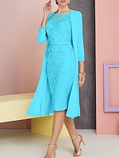 cheap With Jacket-Beach Wedding Two Piece Sheath Mother of the Bride Dress Wedding Guest Church Elegant Vintage Plus Size Bateau Neck Knee Length Chiffon Lace 3/4 Length Sleeve Jacket Dresses with Appliques 2025