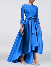 economico Lunghezza del pavimento-Abito A-Line per Madre della Sposa Ospite di Matrimonio Elegante Taglie Forti Alte Basse Scollo Gioiello Asimmetrico Satin Pizzo Maniche 3/4 con Sash  Nastro Applicazioni 2025 taglia personalizzata