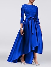 economico Lunghezza del pavimento-Abito A-Line per Madre della Sposa Ospite di Matrimonio Elegante Taglie Forti Alte Basse Scollo Gioiello Asimmetrico Satin Pizzo Maniche 3/4 con Sash  Nastro Applicazioni 2025 taglia personalizzata
