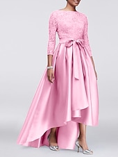 economico Lunghezza del pavimento-Abito A-Line per Madre della Sposa Ospite di Matrimonio Elegante Taglie Forti Alte Basse Scollo Gioiello Asimmetrico Satin Pizzo Maniche 3/4 con Sash  Nastro Applicazioni 2025 taglia personalizzata