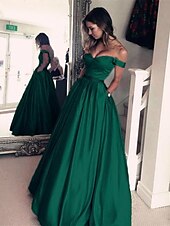 cheap Prom Dresses-Ball Gown Elegant Prom Formal Evening Dress Off Shoulder Backless Short Sleeve Floor Length Satin with Pleats Beading 2022