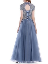 cheap Prom Dresses-A-Line Evening Gown Elegant Dress Wedding Guest Quinceanera Floor Length Short Sleeve High Neck Tulle with Pleats Appliques  dress to impress
