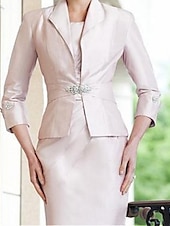 levne S bundou-Dvoudílné Sheath Matka Nevěsty Šaty Církev Elegantní Plus Size Šperkový Výstřih Délka po Kolena Satén Bez Rukávů s Krystaly Ruching Šaty na Dostihy volný vlastní rozměr