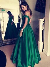 cheap Prom Dresses-Ball Gown Elegant Prom Formal Evening Dress Off Shoulder Backless Short Sleeve Floor Length Satin with Pleats Beading 2022