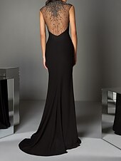 cheap Evening Dresses-Mermaid / Trumpet Luxurious Engagement Formal Evening Dress Illusion Neck Sleeveless Sweep / Brush Train Charmeuse with Crystals Beading 2022