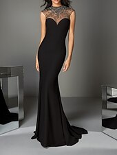 cheap Evening Dresses-Mermaid / Trumpet Luxurious Engagement Formal Evening Dress Illusion Neck Sleeveless Sweep / Brush Train Charmeuse with Crystals Beading 2022