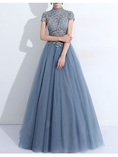 cheap Prom Dresses-A-Line Evening Gown Elegant Dress Wedding Guest Quinceanera Floor Length Short Sleeve High Neck Tulle with Pleats Appliques  dress to impress