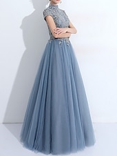 cheap Prom Dresses-A-Line Evening Gown Elegant Dress Wedding Guest Quinceanera Floor Length Short Sleeve High Neck Tulle with Pleats Appliques  dress to impress