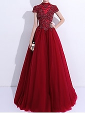 cheap Prom Dresses-A-Line Evening Gown Elegant Dress Wedding Guest Quinceanera Floor Length Short Sleeve High Neck Tulle with Pleats Appliques  dress to impress